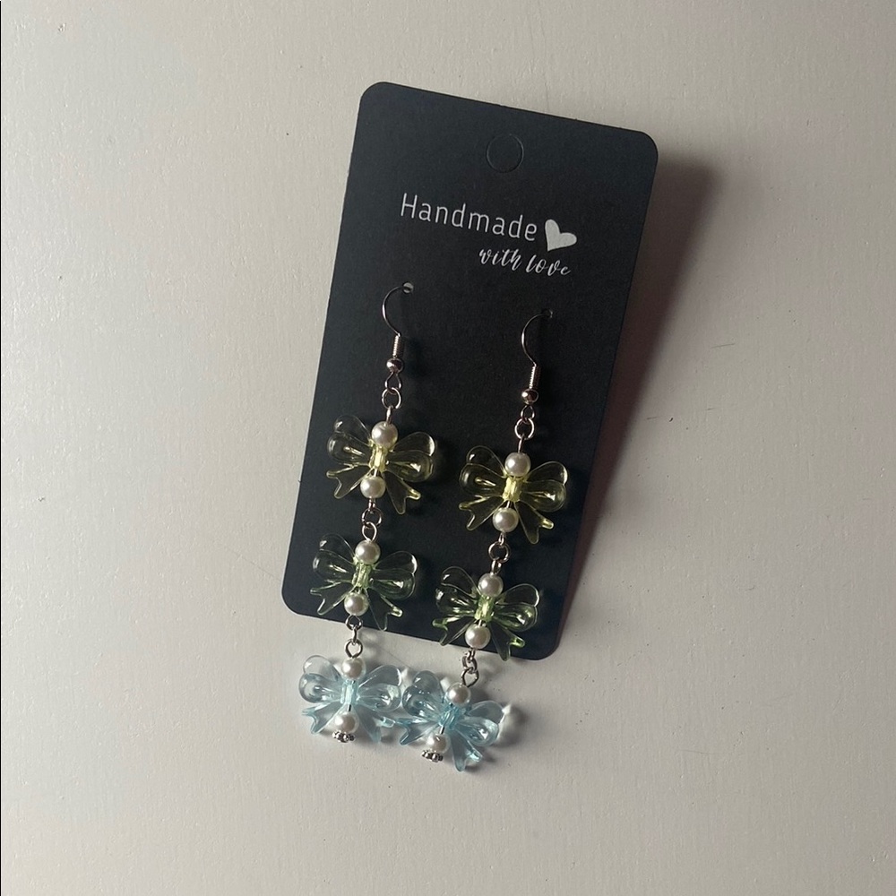 Handmade Green and Blue Bow Earrings